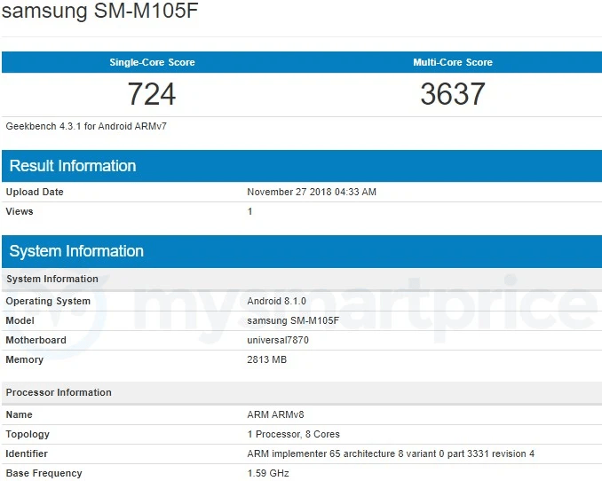 Samsung Galaxy M10 оснащен SoC Exynos 7870 и 3 ГБ ОЗУ