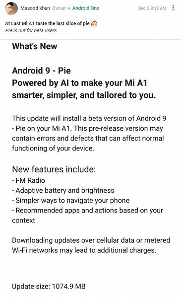 Бестселлер Xiaomi Mi A1 получил бета-версию Android Pie