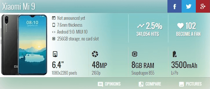 Обнародован самый полный список характеристик Xiaomi Mi 9