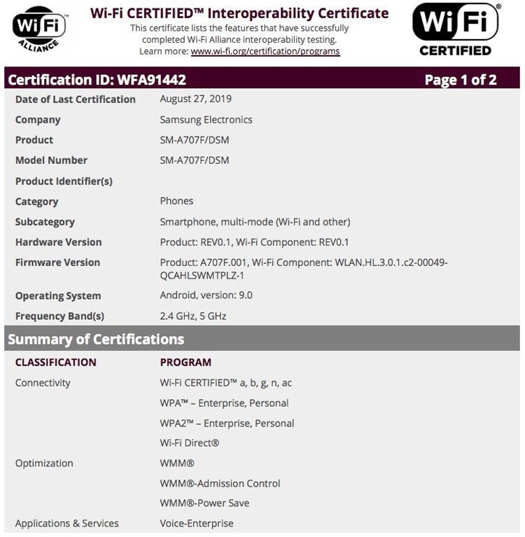 Смартфон среднего уровня Samsung Galaxy A70s получил сертификацию Wi-Fi Alliance