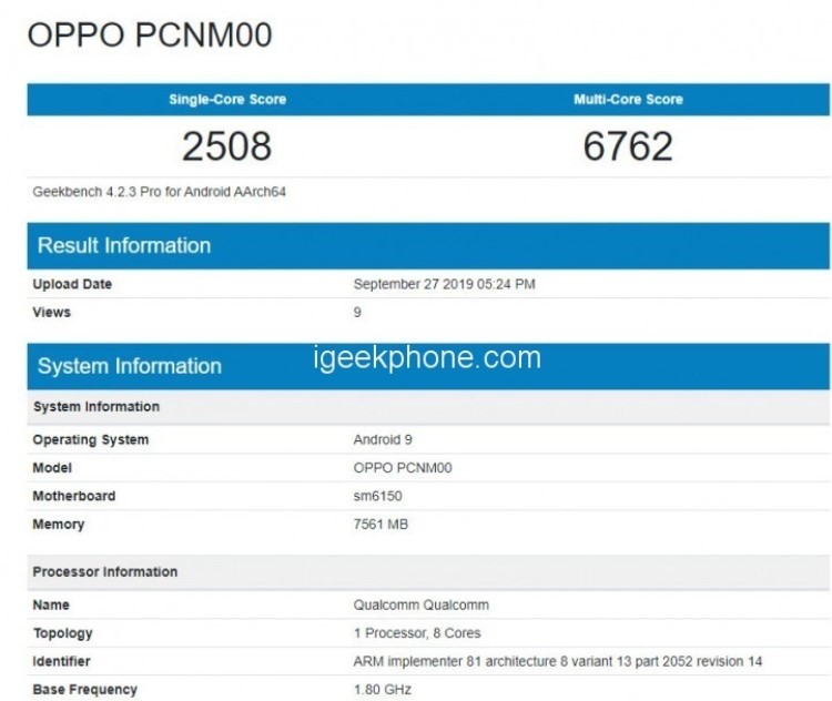 Смартфон OPPO K5 появился в базе Geekbench с чипом Snapdragon 730G и 8 Гбайт ОЗУ