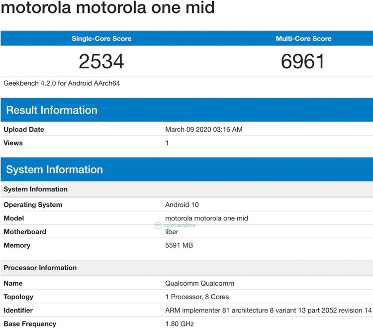 Смартфон Motorola One Mid показался в Geekbench с 6 Гбайт оперативной памяти