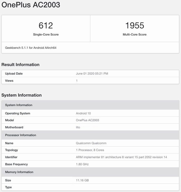 Телефон OnePlus Z с чипом Snapdragon 765G показался в Geekbench