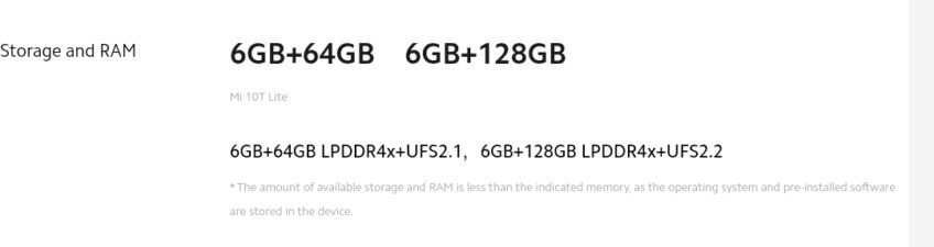 Новейшие смартфоны Xiaomi Mi 10T Lite получили память разного типа