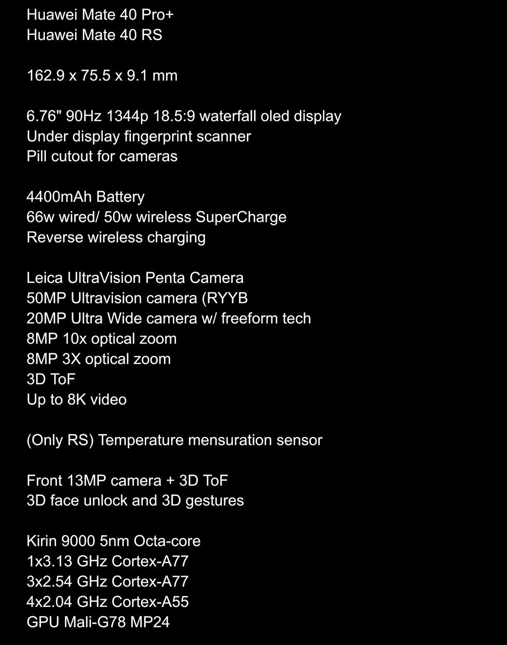 Подробные характеристики Huawei Mate 40 Pro, Mate 40 Pro+ и Mate 40 RS Porsche Design за считанные часы до анонса