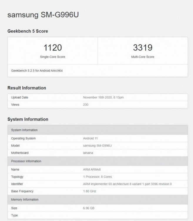 Samsung Galaxy S21 на базе SD875 оказался хуже Exynos 2100 в Geekbench - 1