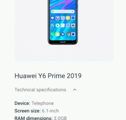 Бюджетный смартфон Huawei Y6 Prime 2019 получил экран диагональю 6,1 дюйма с каплевидным вырезом и сканер отпечатков пальцев