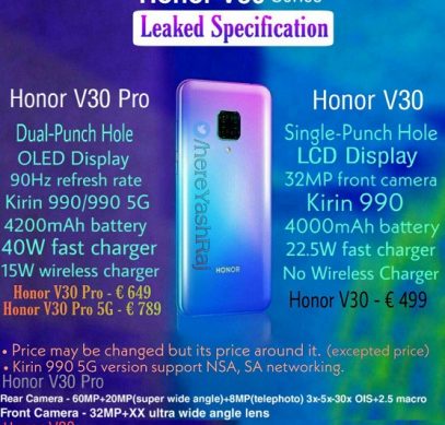 Рассекречены цены и характеристики всей флагманской линейки Honor V30, Honor V30 Pro и Honor V30 Pro 5G