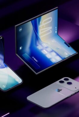 Макеты потенциальных складных iPhone, в том числе раскладушка «iPhone Flip» слева и складная книжка справа, а также плоский iPhone для сравнения внизу.