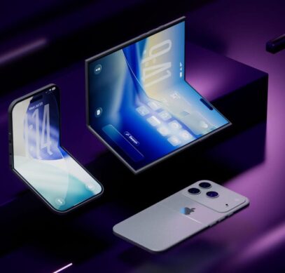 Макеты потенциальных складных iPhone, в том числе раскладушка «iPhone Flip» слева и складная книжка справа, а также плоский iPhone для сравнения внизу.